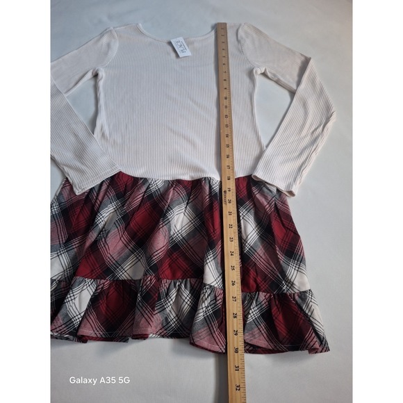 The Childrens Place Girls Christmas Long Sleeve Plaid Ribbed Drop Waist Dress 16 - Picture 3 of 9